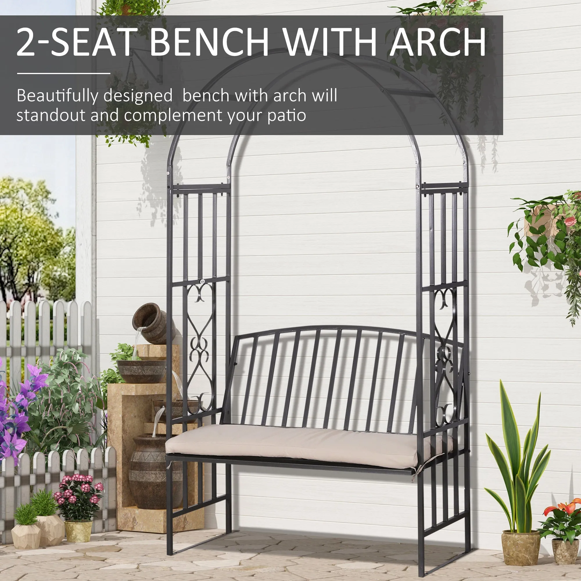 114x 60 x 206 cm Outsunny Garden Metal Arch Bench, Outdoor Furniture Chair with Cushion Outdoor Patio Rose Trellis Arbour Pergola, for Climbing Plant