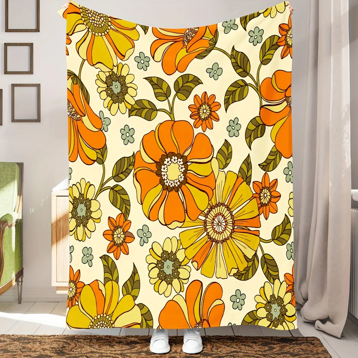 1pc Cozy Flower Print Flannel Blanket - Soft, Warm, Lightweight Throw for Couch, Sofa, Office, Bed, Camping, Traveling, and Ramadan - Perfect for Snuggling Up on Chilly Days