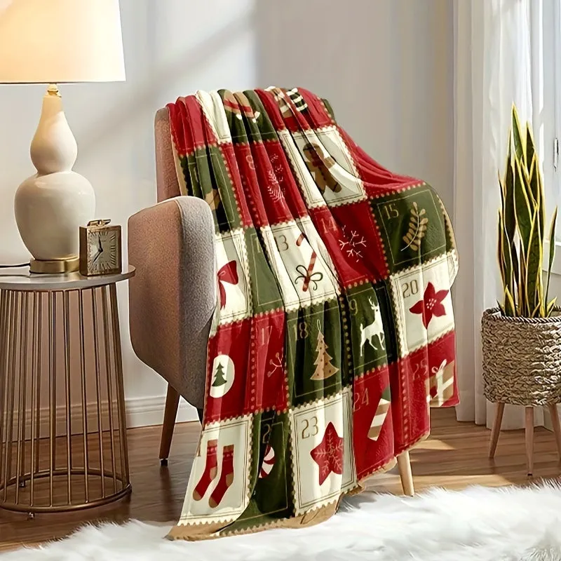1pc Vintage Christmas Print Blanket, Flannel Blanket, Soft Warm Throw Blanket Nap Blanket For Couch Sofa Office Bed Camping Travel, Multi-purpose Gift Blanket For All Season