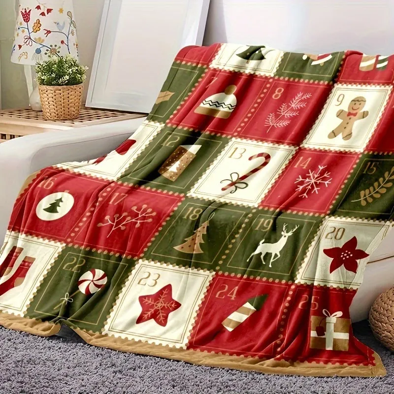 1pc Vintage Christmas Print Blanket, Flannel Blanket, Soft Warm Throw Blanket Nap Blanket For Couch Sofa Office Bed Camping Travel, Multi-purpose Gift Blanket For All Season