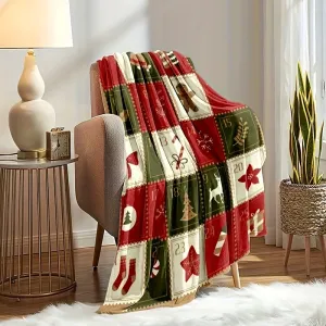 1pc Vintage Christmas Print Blanket, Flannel Blanket, Soft Warm Throw Blanket Nap Blanket For Couch Sofa Office Bed Camping Travel, Multi-purpose Gift Blanket For All Season