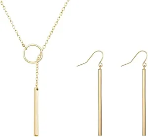 2Pcs Circle Y-shaped Pendant Necklace Bar Earrings Set
