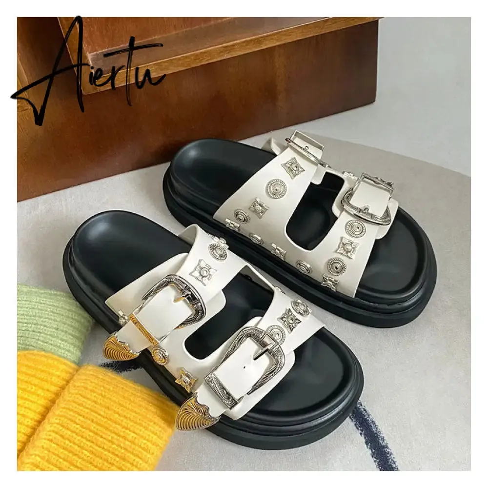 Aiertu  Women Slip-On Punk Mules Slippers Thick Sole Metal Rivet Decoration Cool Street Clogs Round Toe Casual Rome Beach Sandals Slides