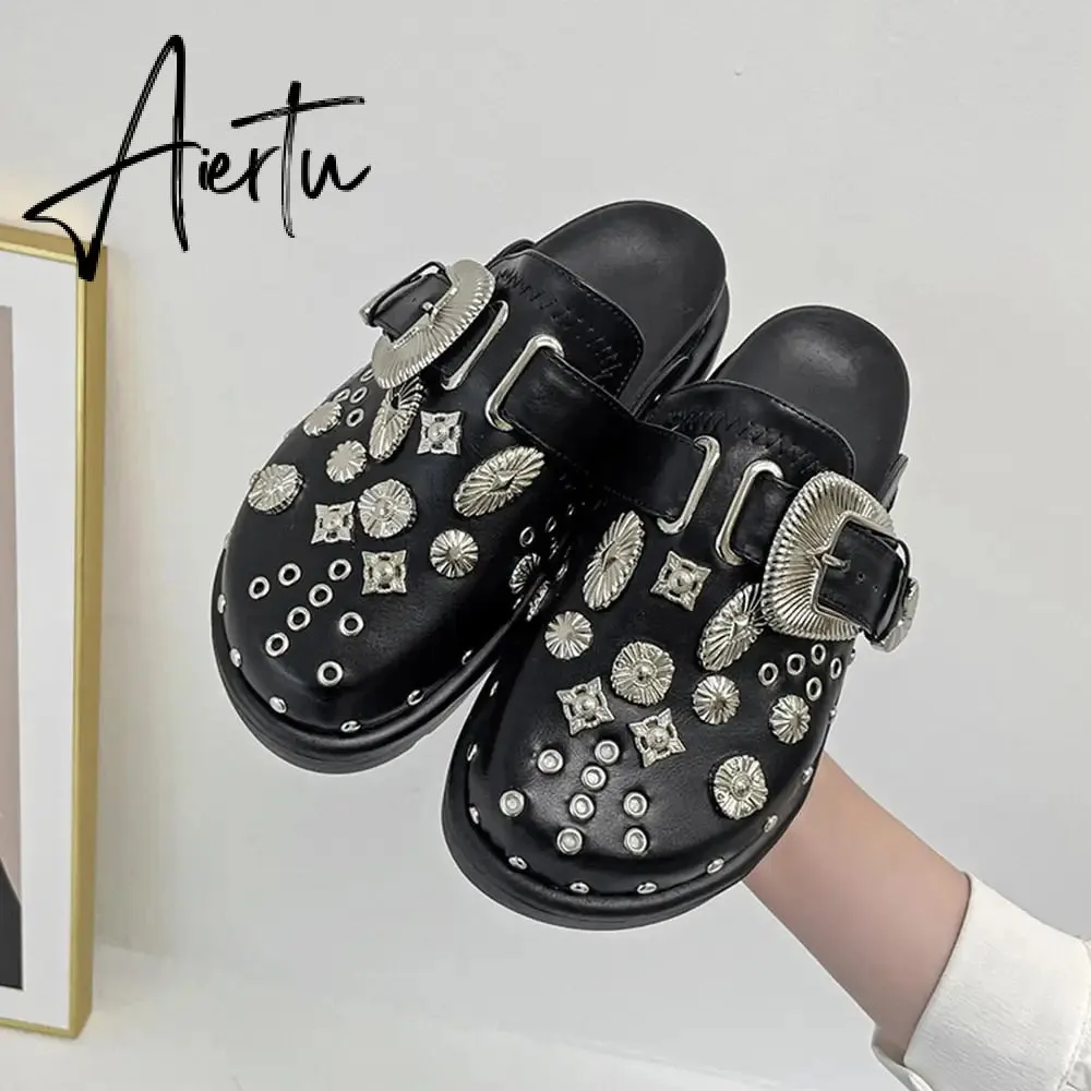 Aiertu  Women Slip-On Punk Mules Slippers Thick Sole Metal Rivet Decoration Cool Street Clogs Round Toe Casual Rome Beach Sandals Slides