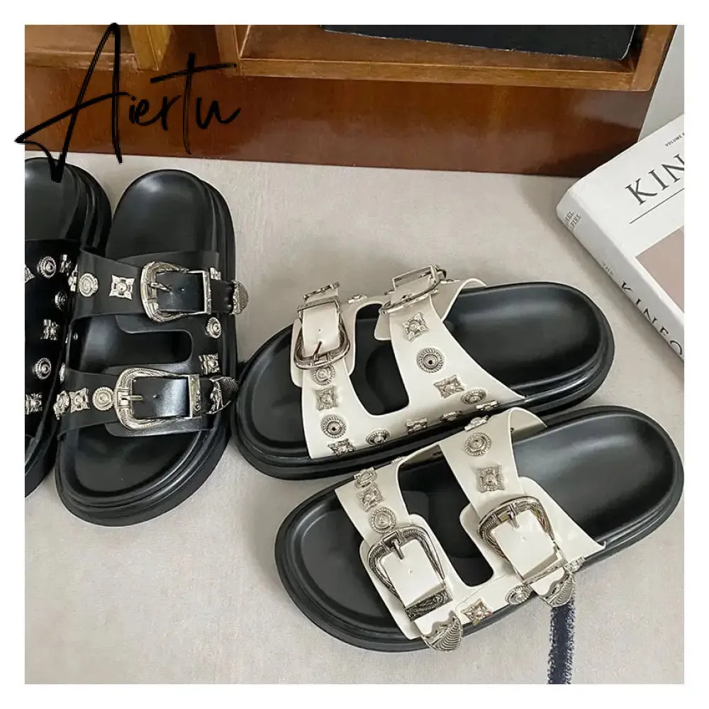 Aiertu  Women Slip-On Punk Mules Slippers Thick Sole Metal Rivet Decoration Cool Street Clogs Round Toe Casual Rome Beach Sandals Slides