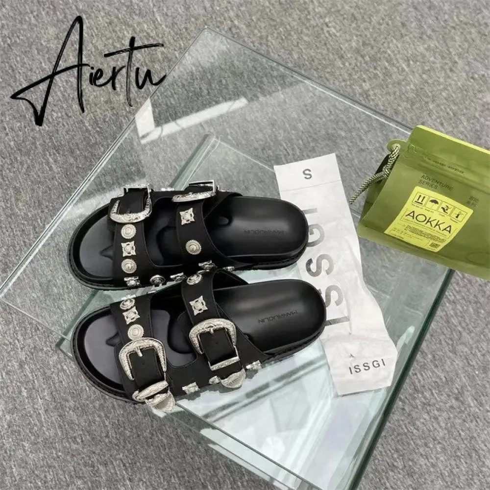 Aiertu  Women Slip-On Punk Mules Slippers Thick Sole Metal Rivet Decoration Cool Street Clogs Round Toe Casual Rome Beach Sandals Slides