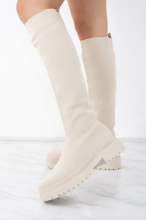 Beige Knee High Fabric Ribbed Sock Boot