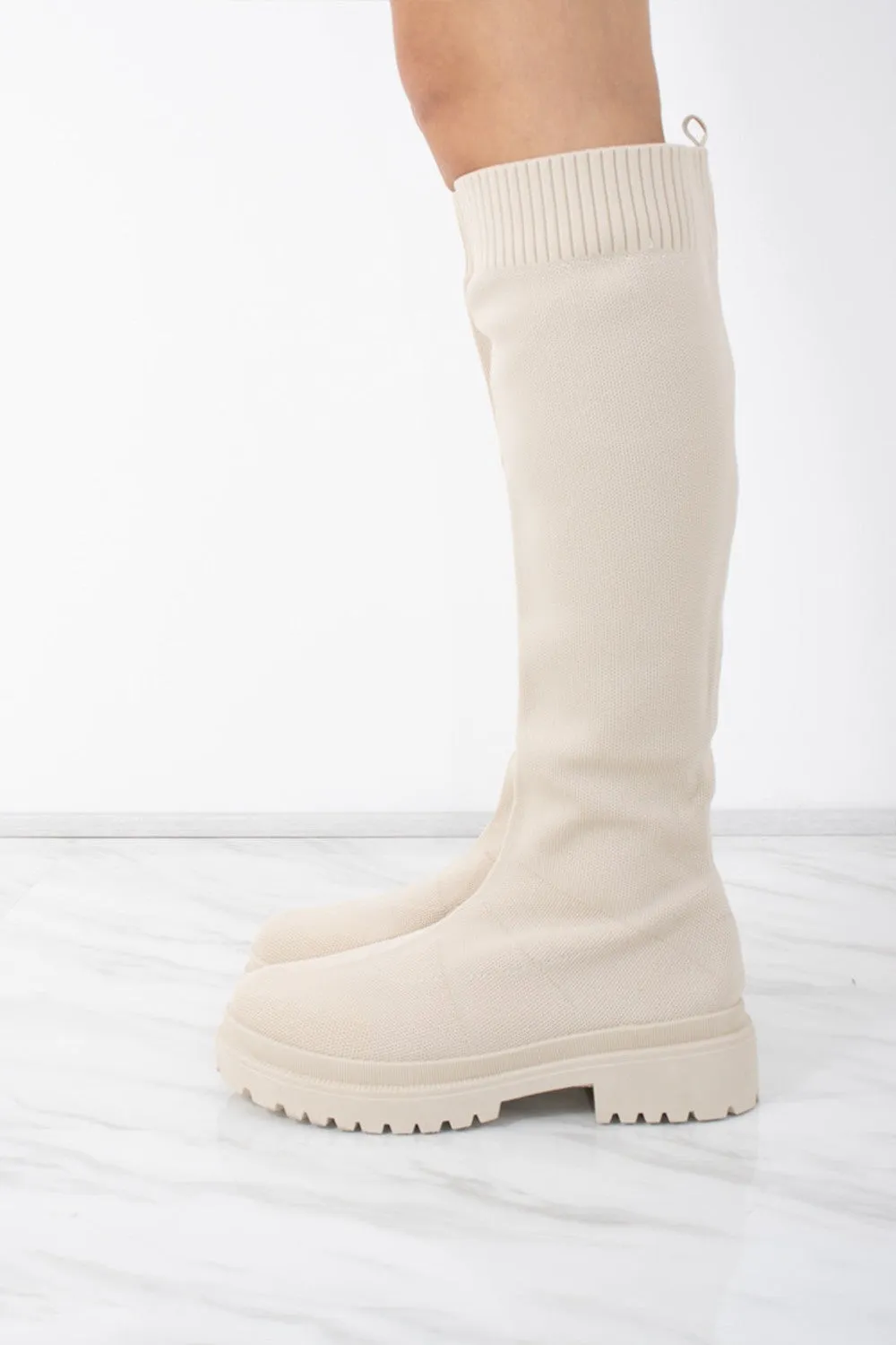 Beige Knee High Fabric Ribbed Sock Boot