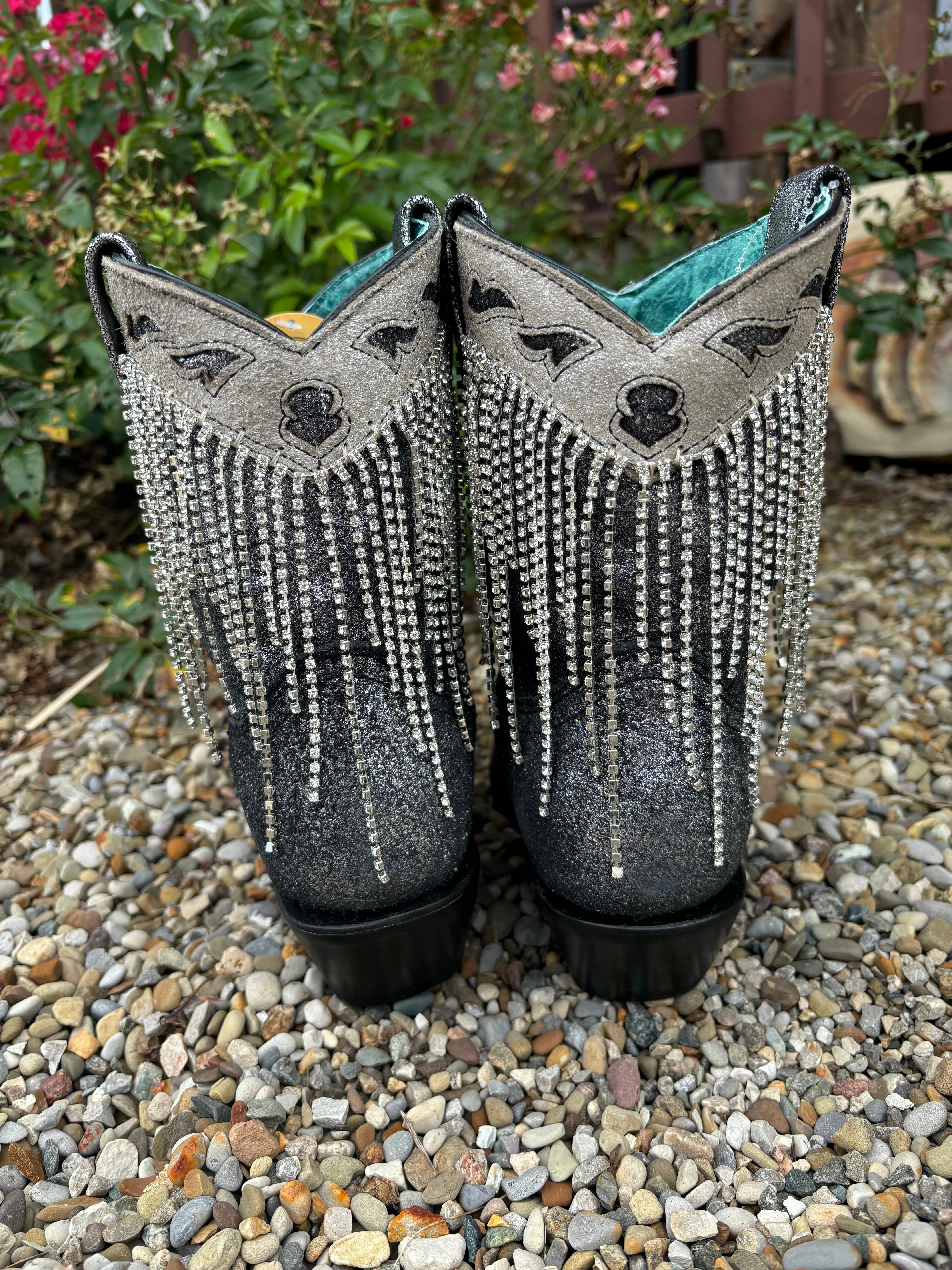 Corral Women's Black & Silver Overlay Crystal Fringe Snip Toe Ankle Cowgirl Boots Z5252