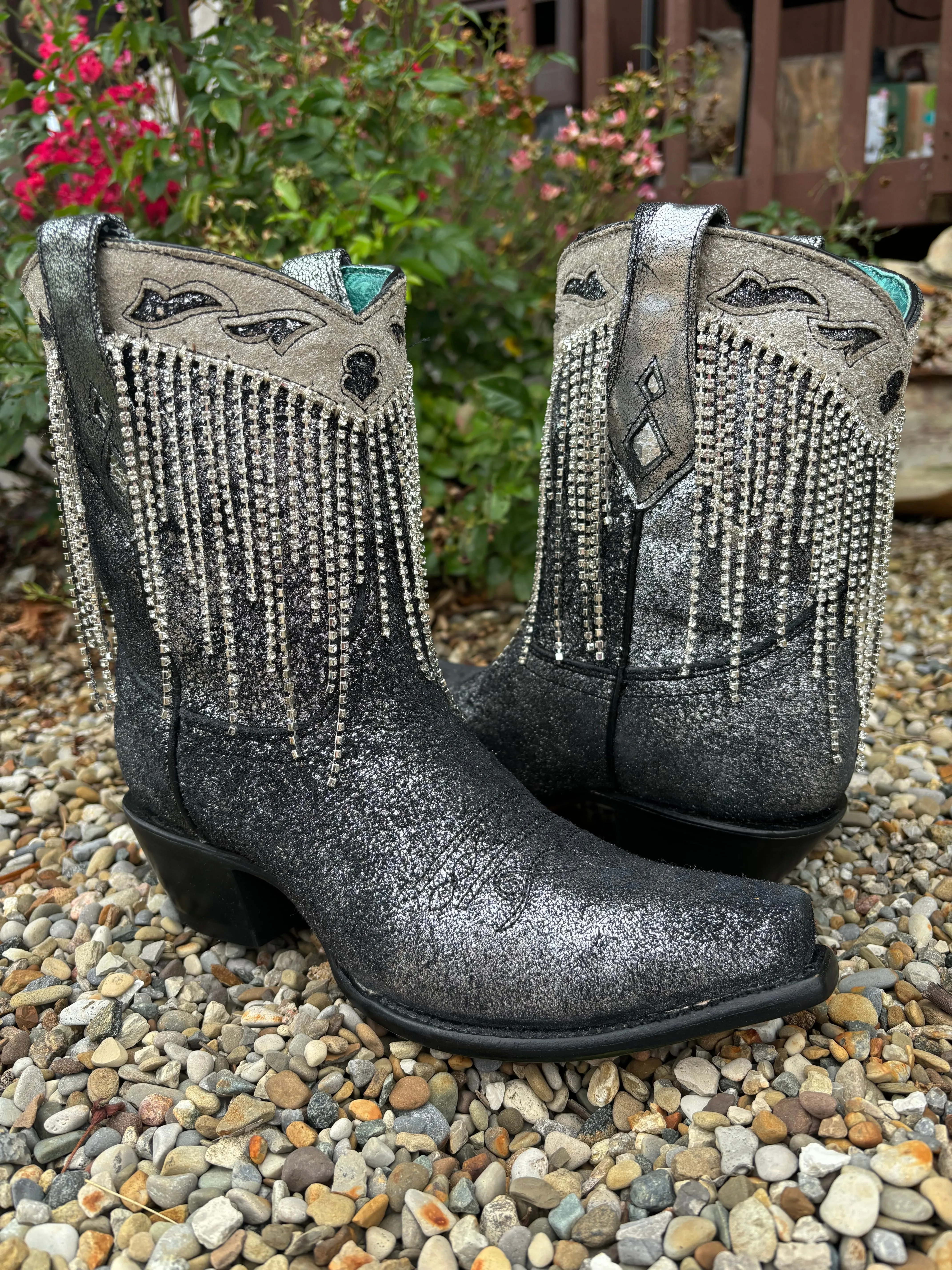 Corral Women's Black & Silver Overlay Crystal Fringe Snip Toe Ankle Cowgirl Boots Z5252