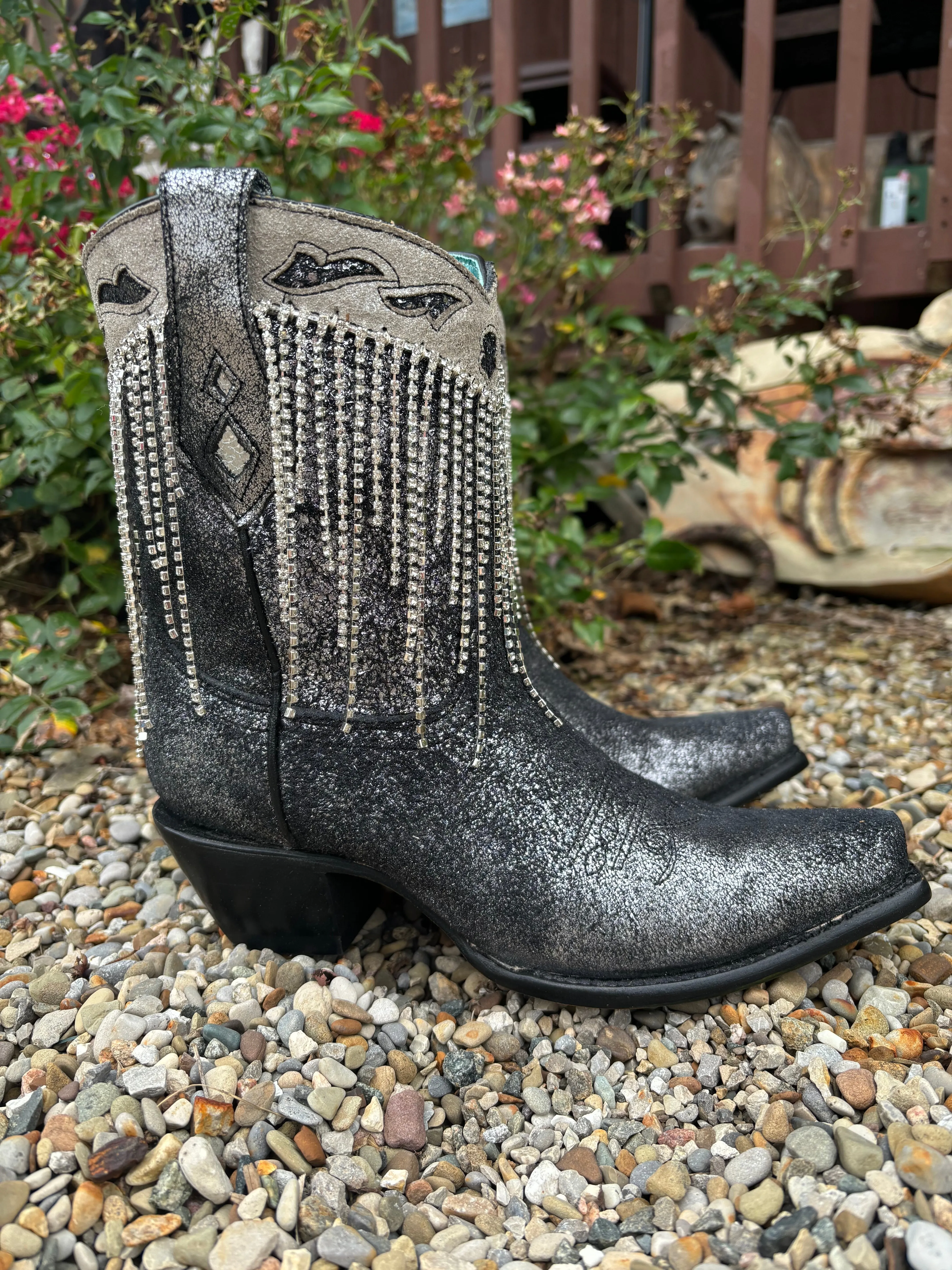 Corral Women's Black & Silver Overlay Crystal Fringe Snip Toe Ankle Cowgirl Boots Z5252