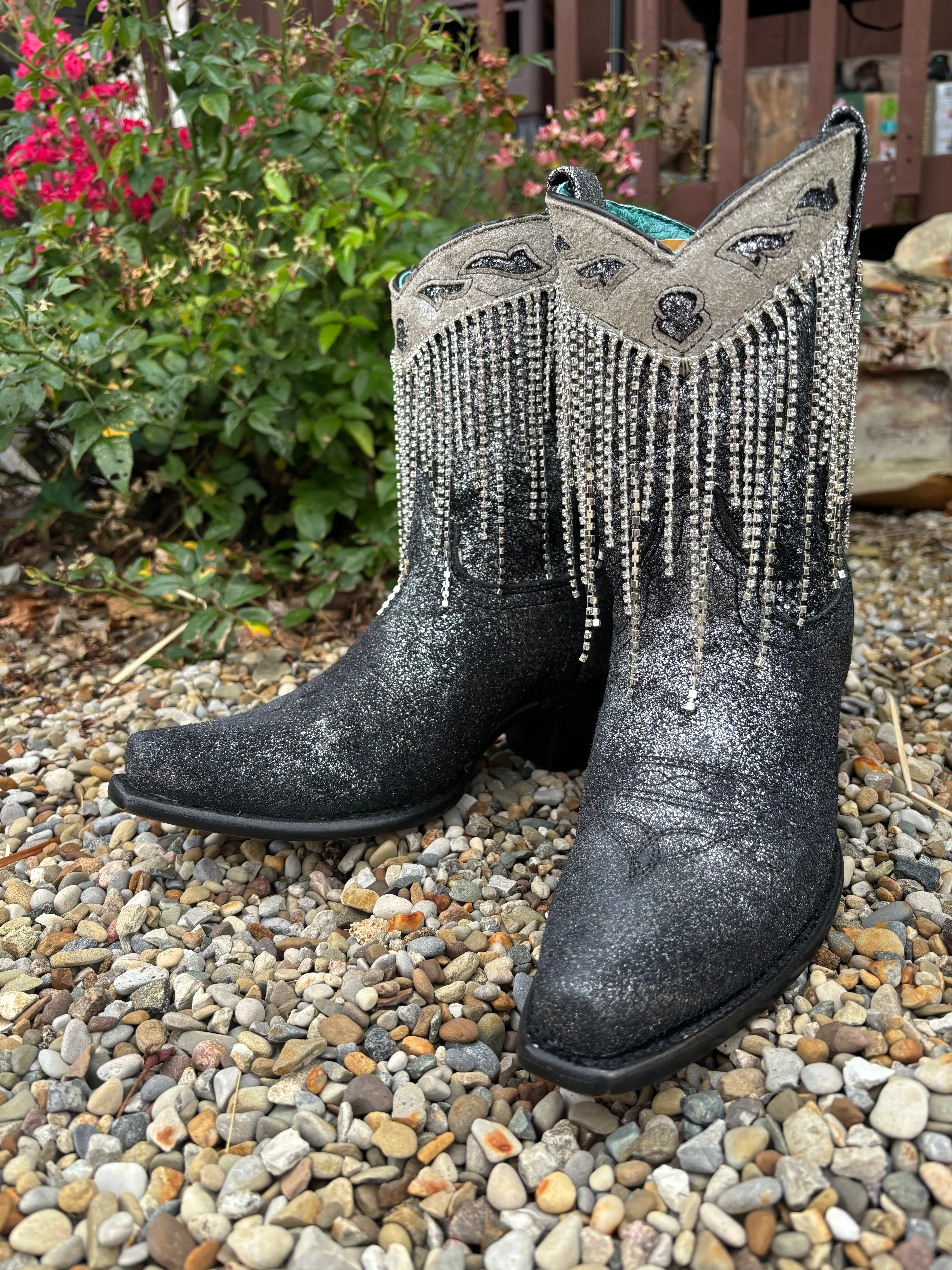 Corral Women's Black & Silver Overlay Crystal Fringe Snip Toe Ankle Cowgirl Boots Z5252