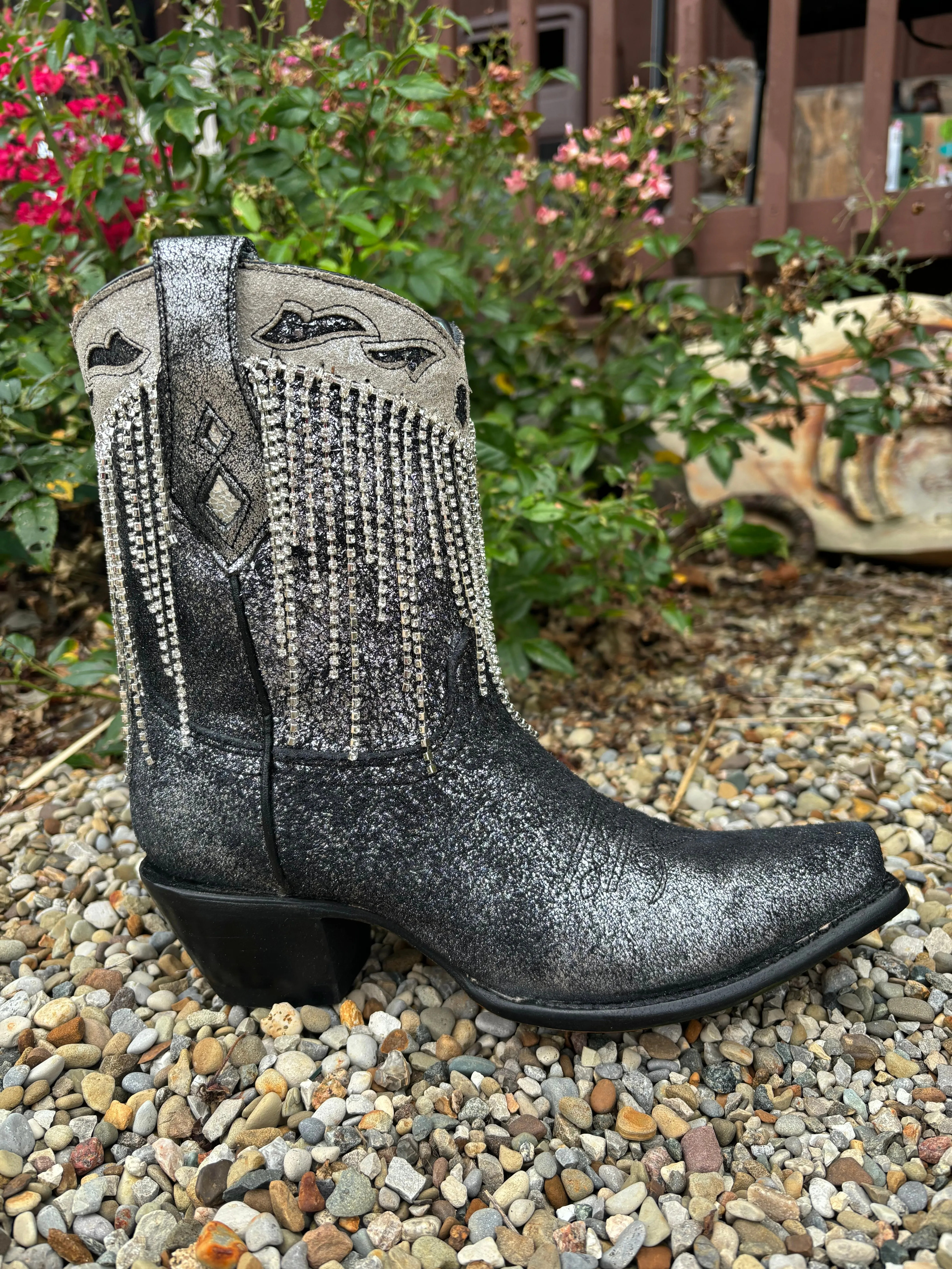 Corral Women's Black & Silver Overlay Crystal Fringe Snip Toe Ankle Cowgirl Boots Z5252