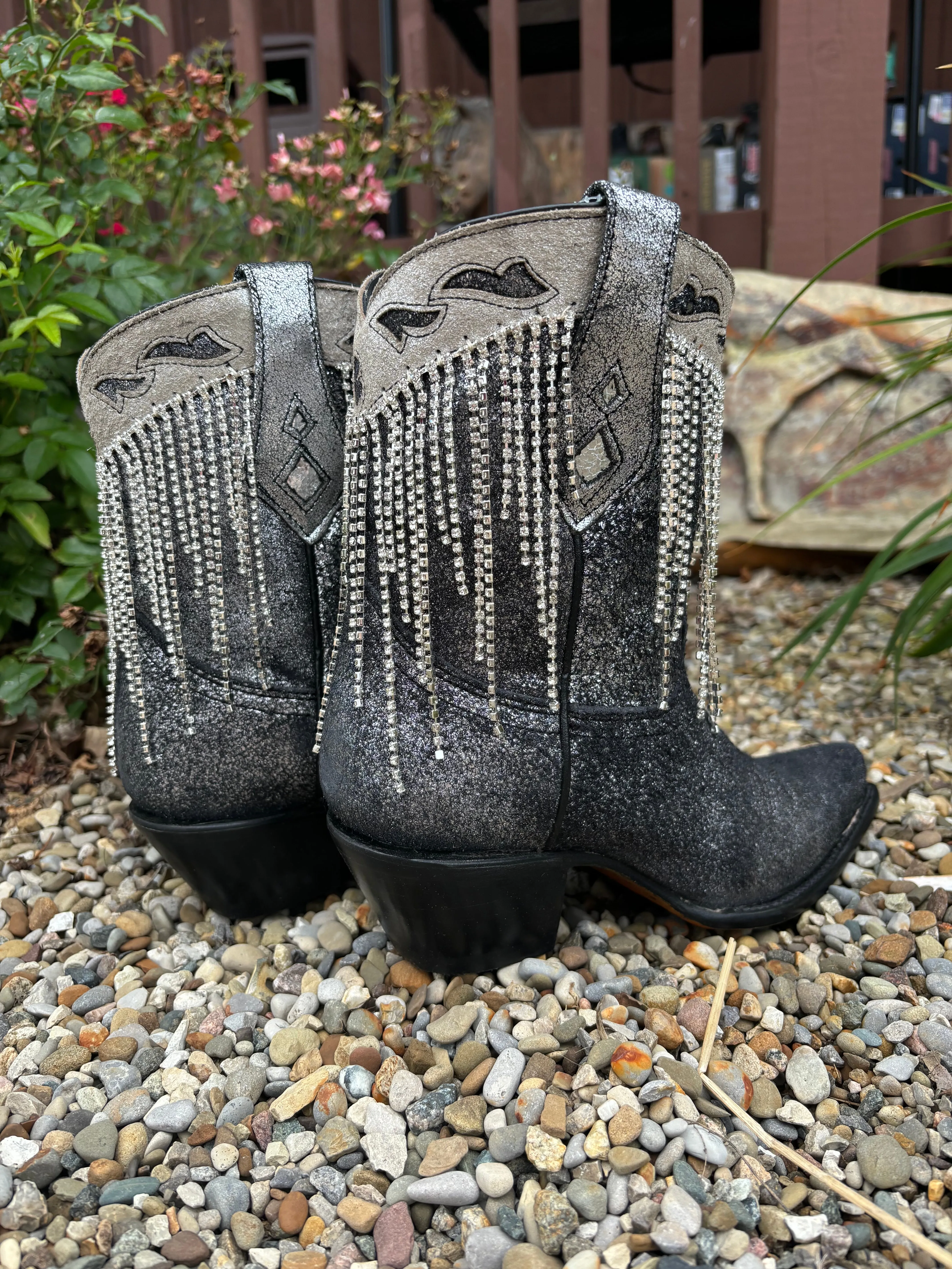 Corral Women's Black & Silver Overlay Crystal Fringe Snip Toe Ankle Cowgirl Boots Z5252