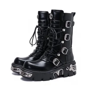 CrazycatZ Womens  Vegan Leather metallic Buckled boots,Vintage Punk Boots