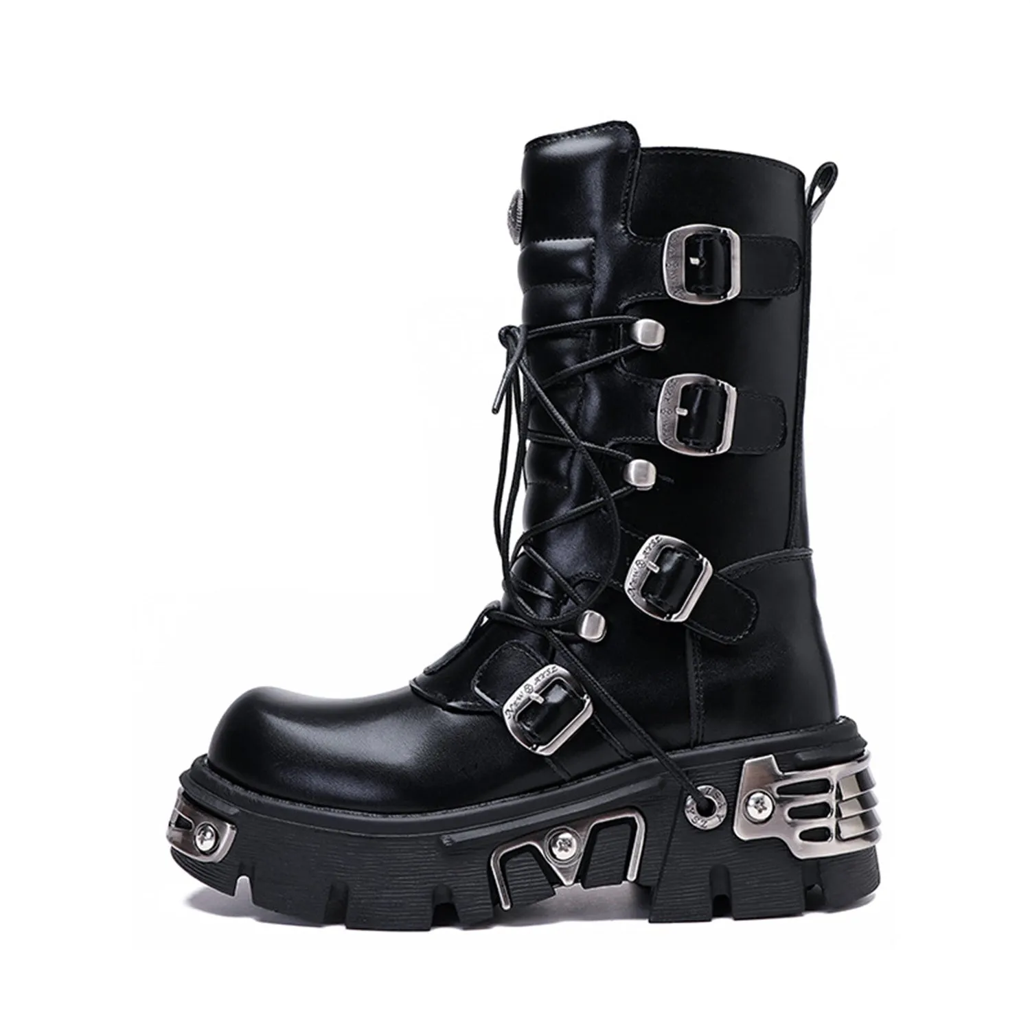 CrazycatZ Womens  Vegan Leather metallic Buckled boots,Vintage Punk Boots