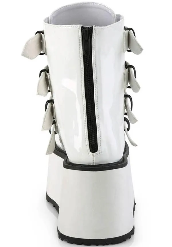 DAMNED-105 [White Holo Patent] | PLATFORM BOOTS [PREORDER]
