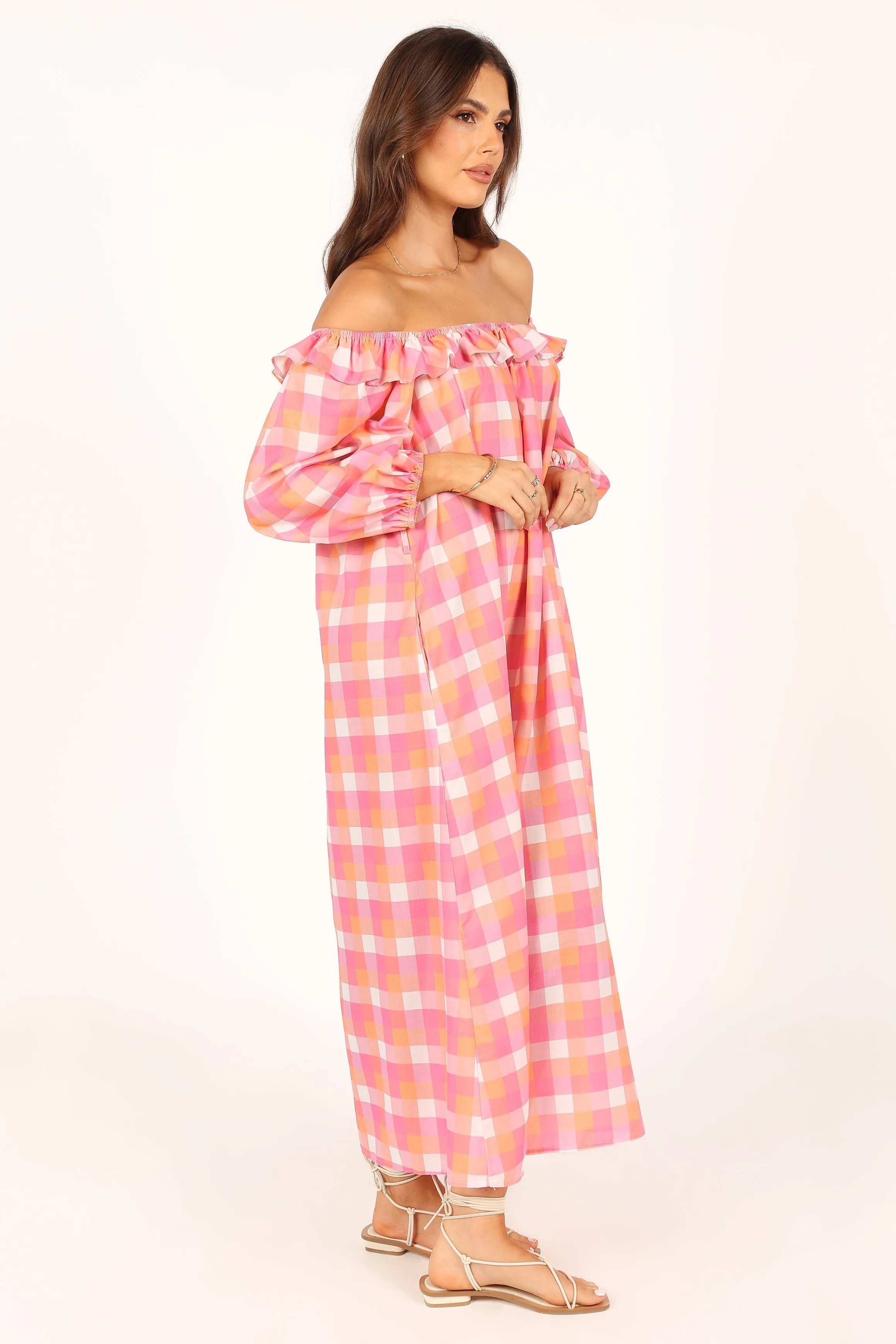 Georgia Off Shoulder Midi Dress - Pink Gingham