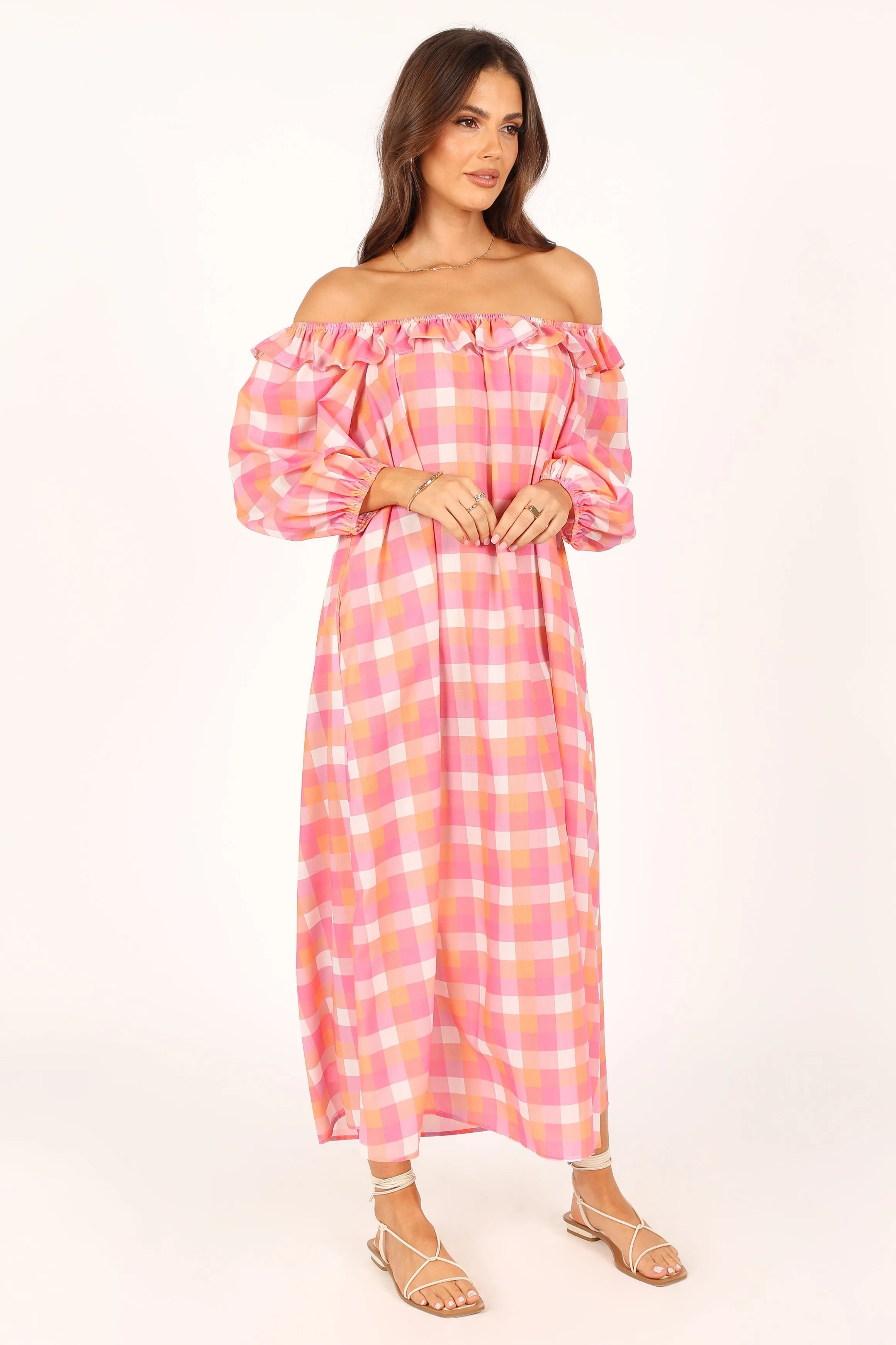 Georgia Off Shoulder Midi Dress - Pink Gingham