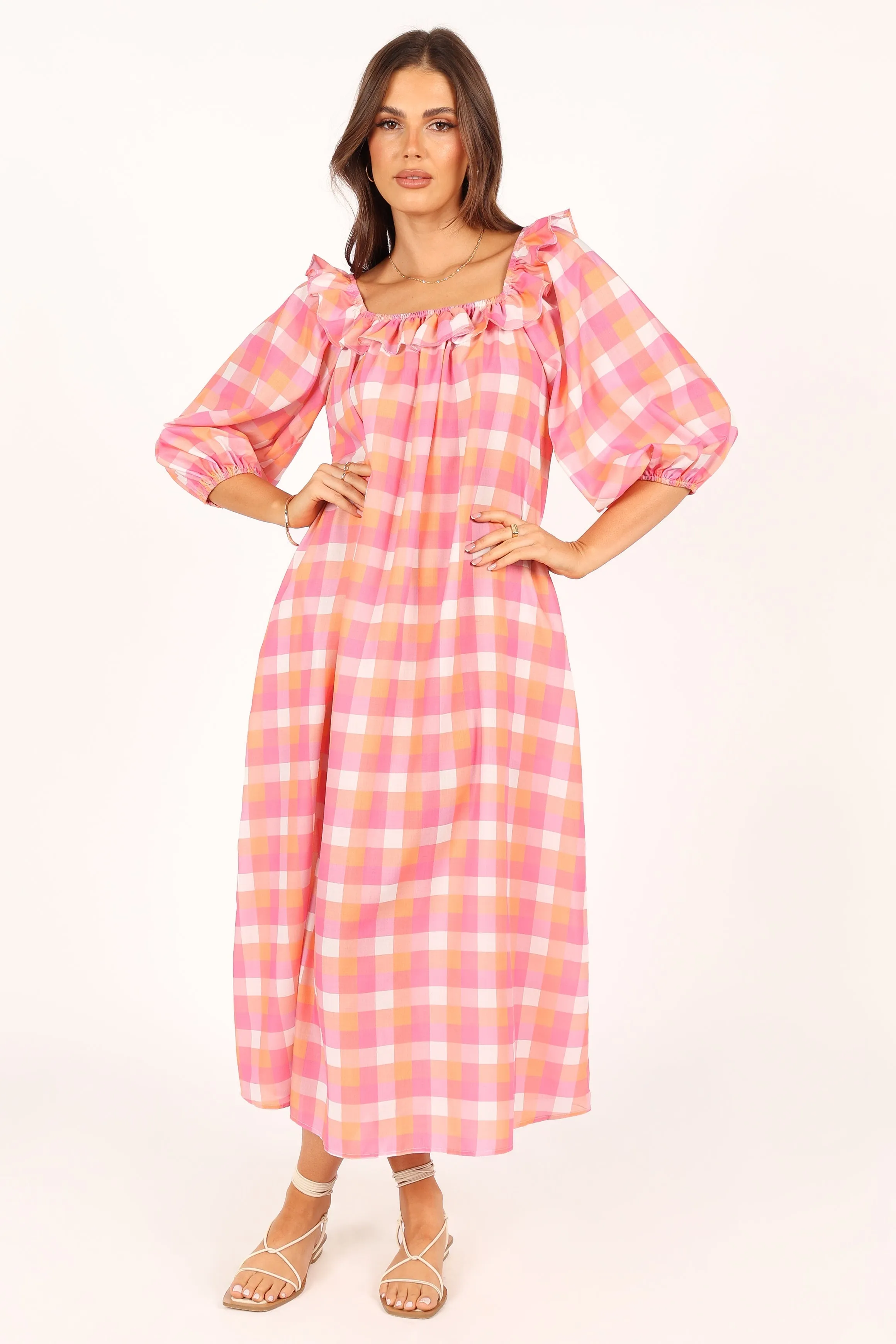 Georgia Off Shoulder Midi Dress - Pink Gingham