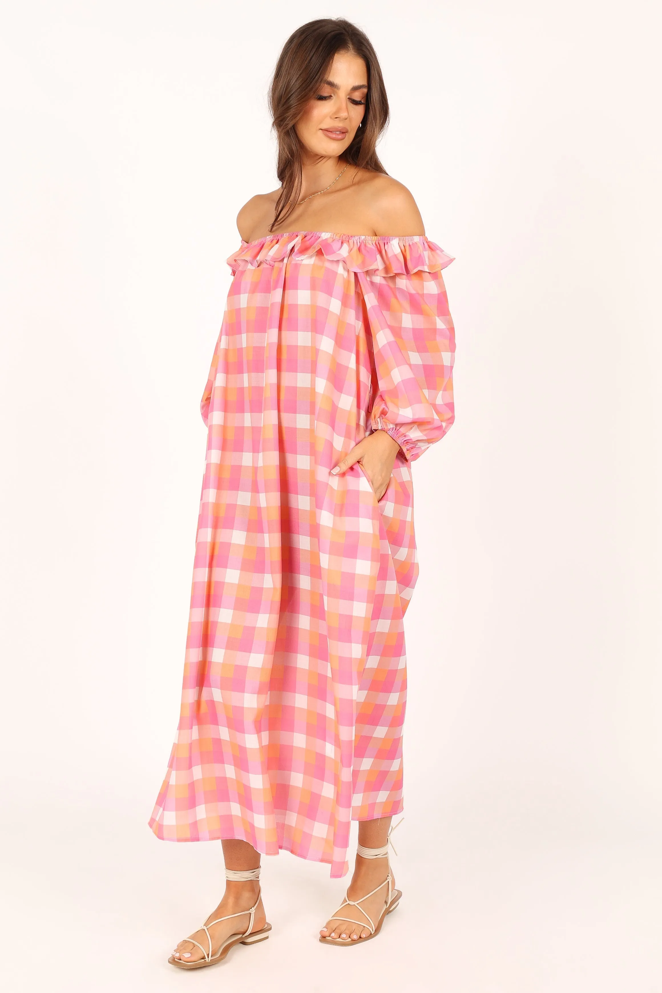 Georgia Off Shoulder Midi Dress - Pink Gingham