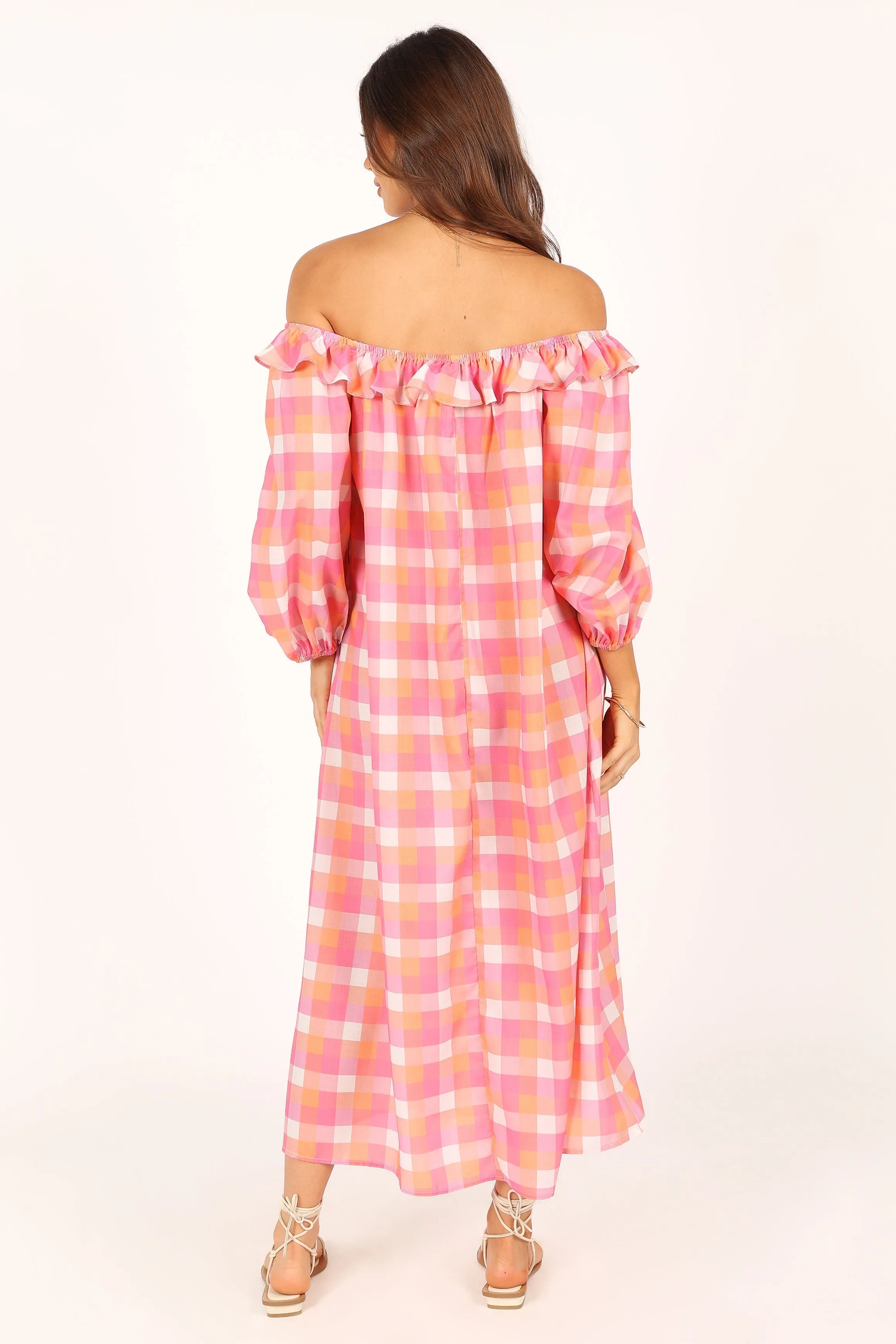 Georgia Off Shoulder Midi Dress - Pink Gingham