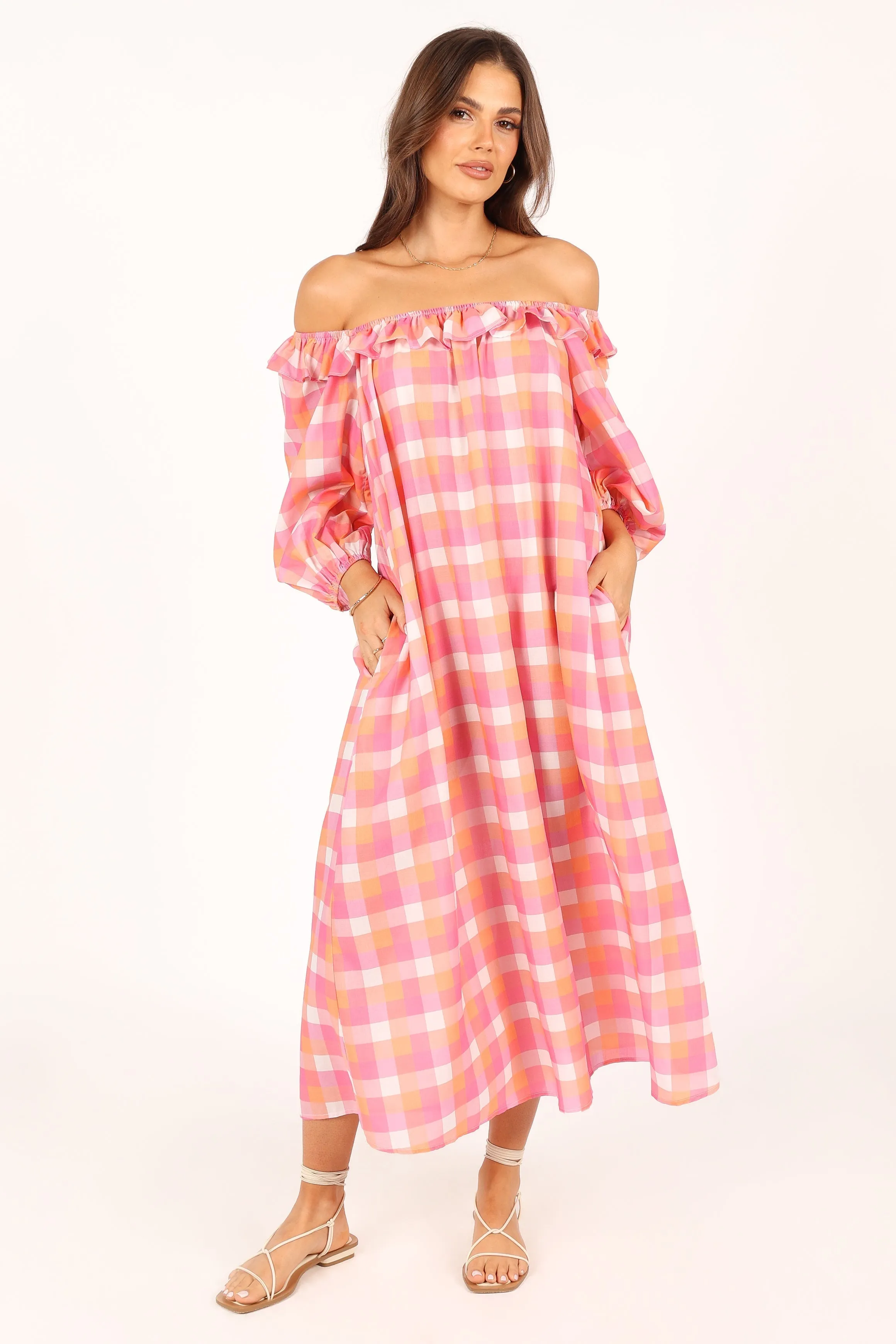 Georgia Off Shoulder Midi Dress - Pink Gingham