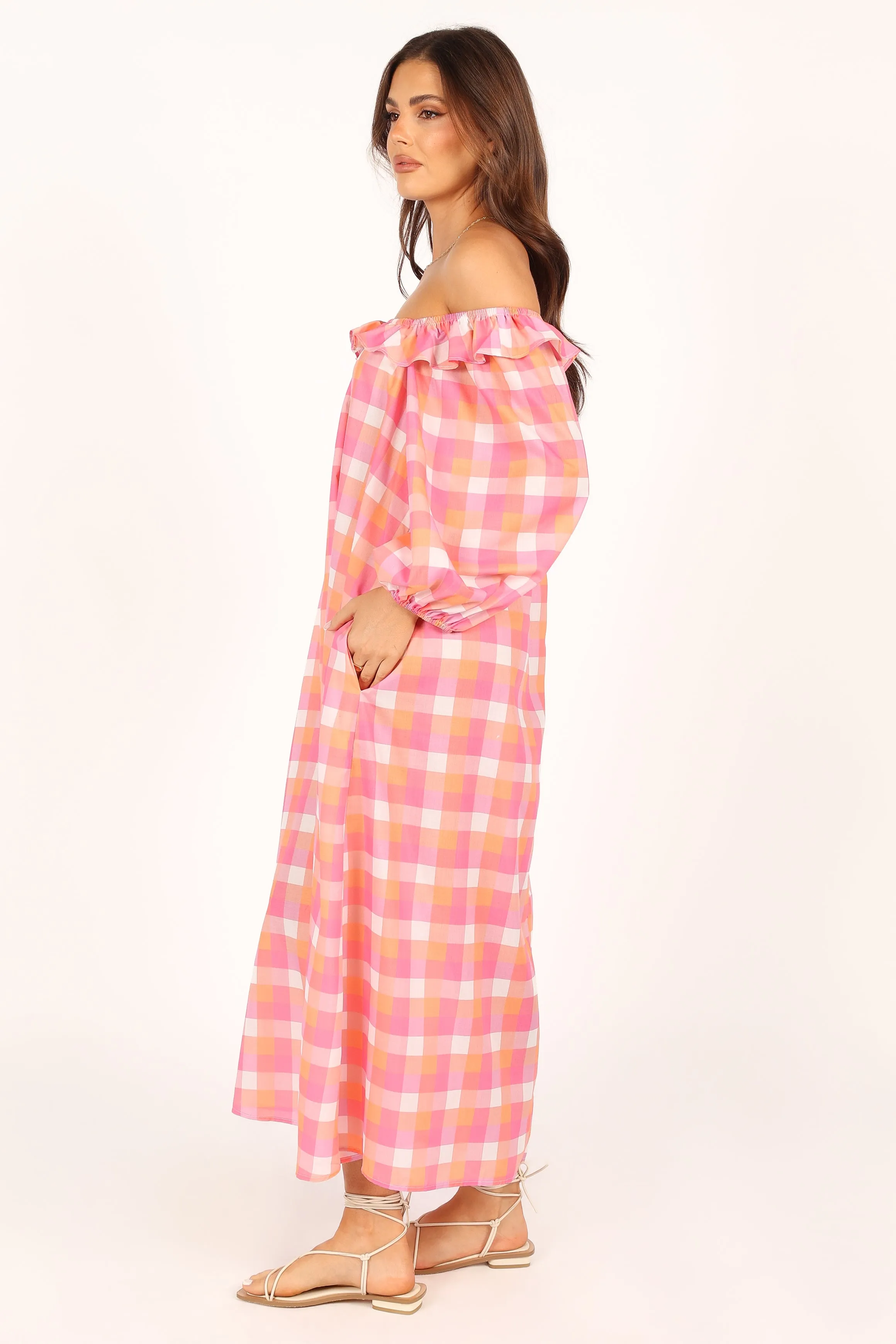Georgia Off Shoulder Midi Dress - Pink Gingham