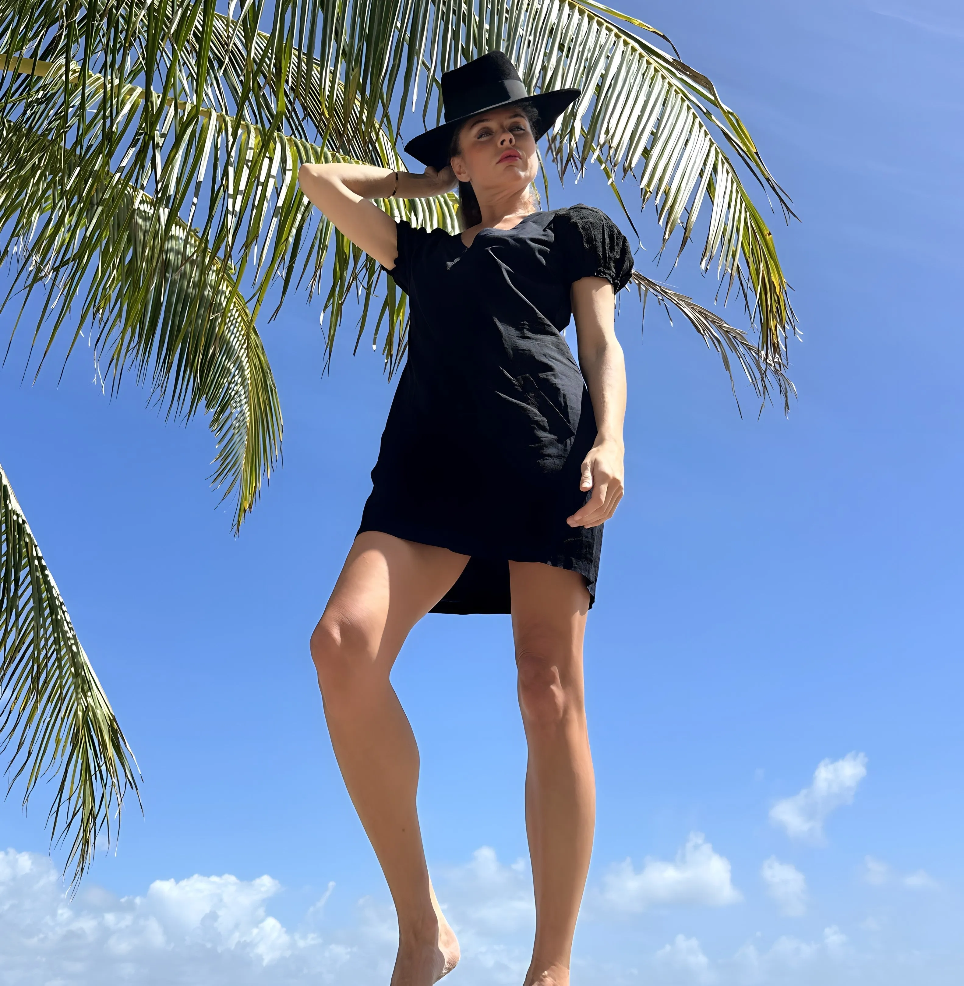 INES Black Shift Dress with Puff Shoulders