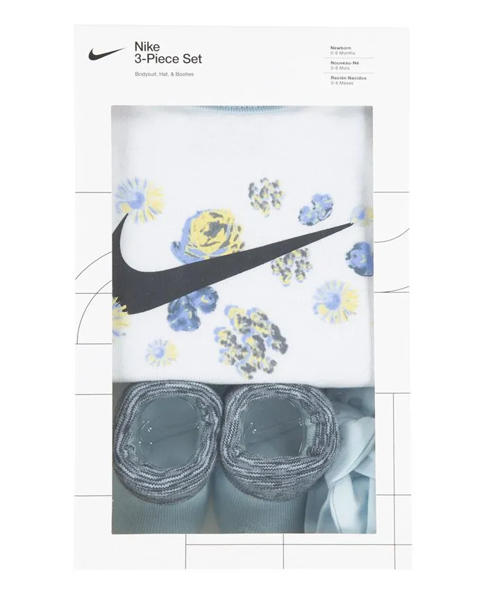 Mini Me Flower bodysuit in gift box for little girls Nike headband and booties 3-piece set, white