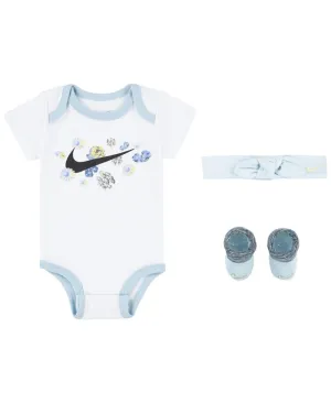 Mini Me Flower bodysuit in gift box for little girls Nike headband and booties 3-piece set, white