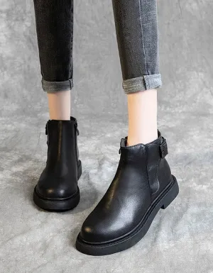 OBIONO Retro Leather Thick-heel Black Boots