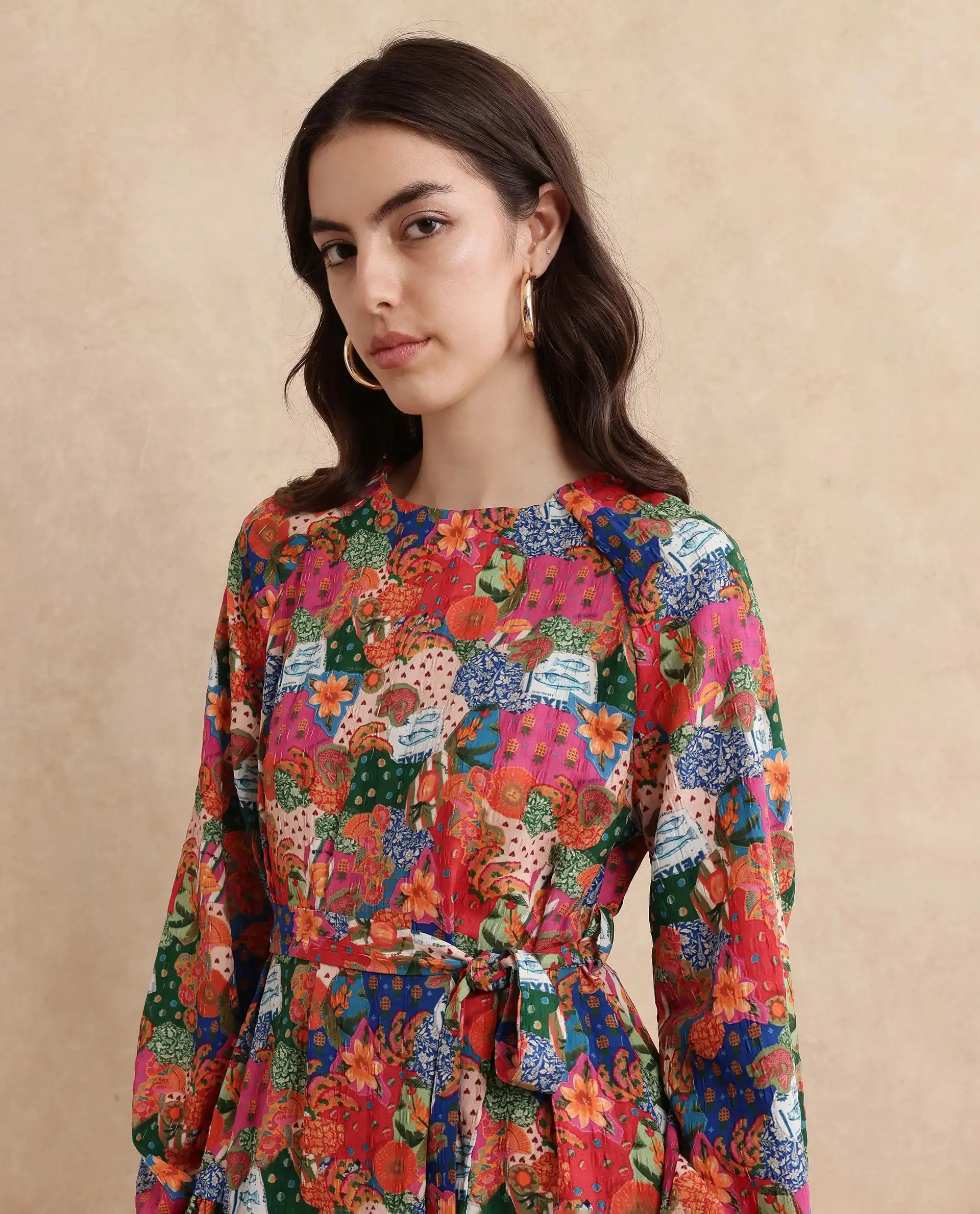 Rareism Women Lokop Multi Raglan Sleeve Round Neck Fit And Flare Midi Abstract Print Dress