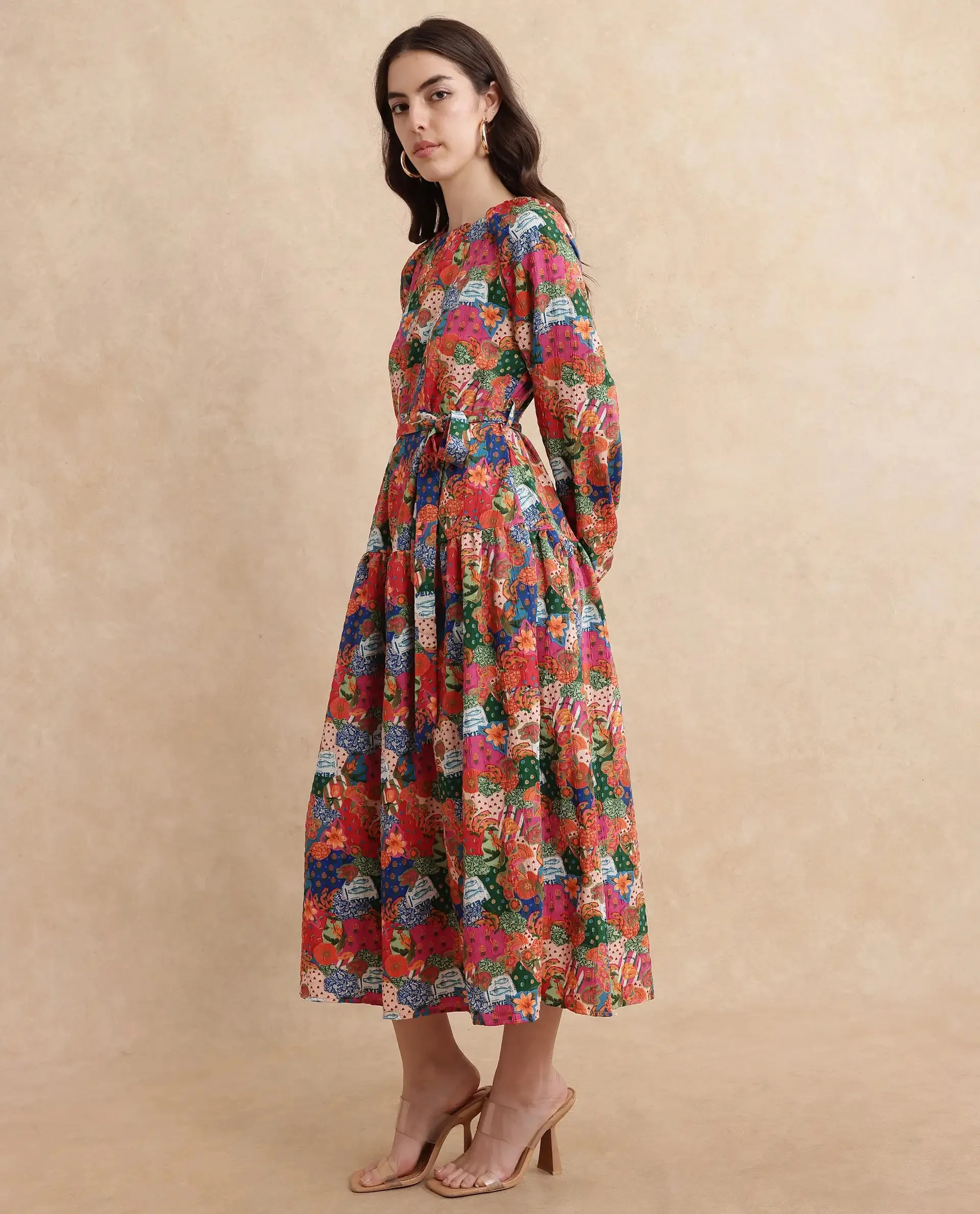 Rareism Women Lokop Multi Raglan Sleeve Round Neck Fit And Flare Midi Abstract Print Dress