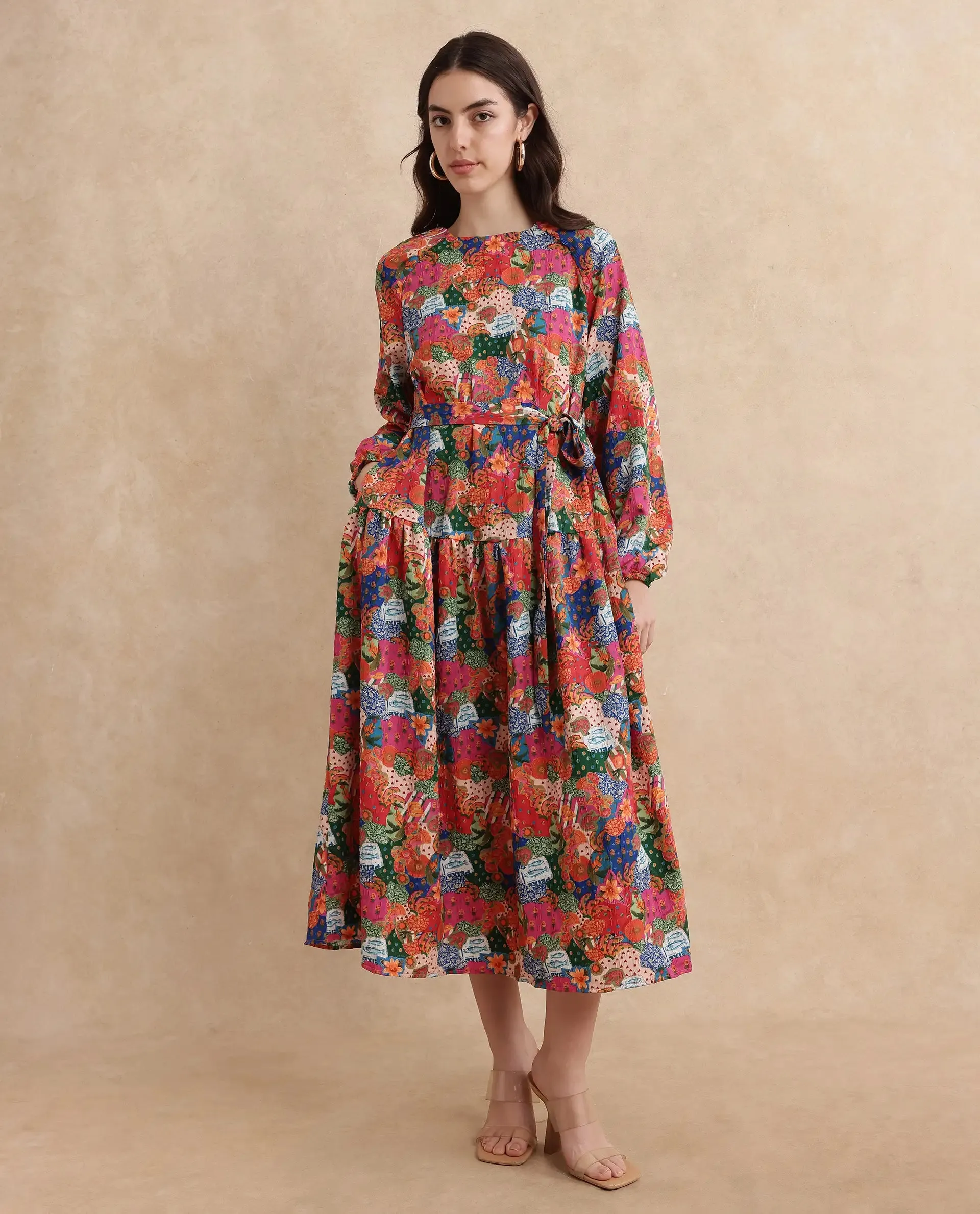 Rareism Women Lokop Multi Raglan Sleeve Round Neck Fit And Flare Midi Abstract Print Dress