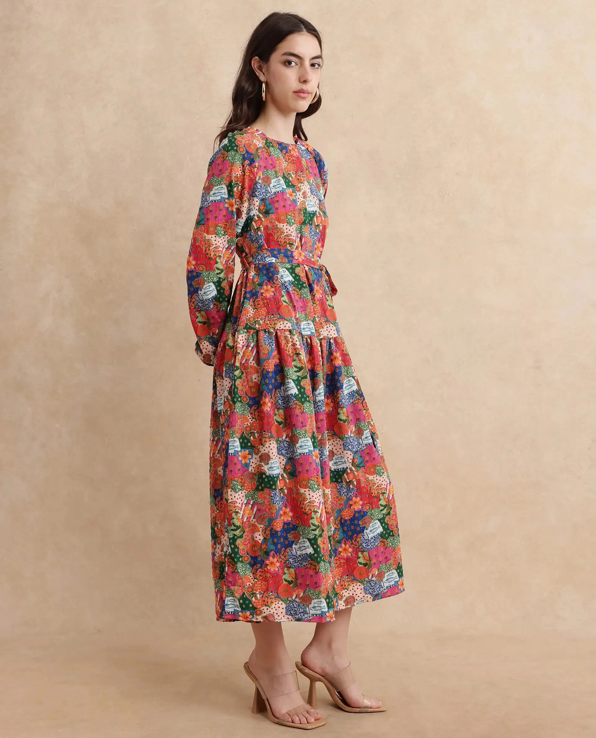 Rareism Women Lokop Multi Raglan Sleeve Round Neck Fit And Flare Midi Abstract Print Dress