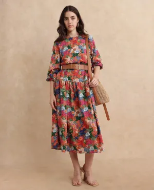 Rareism Women Lokop Multi Raglan Sleeve Round Neck Fit And Flare Midi Abstract Print Dress