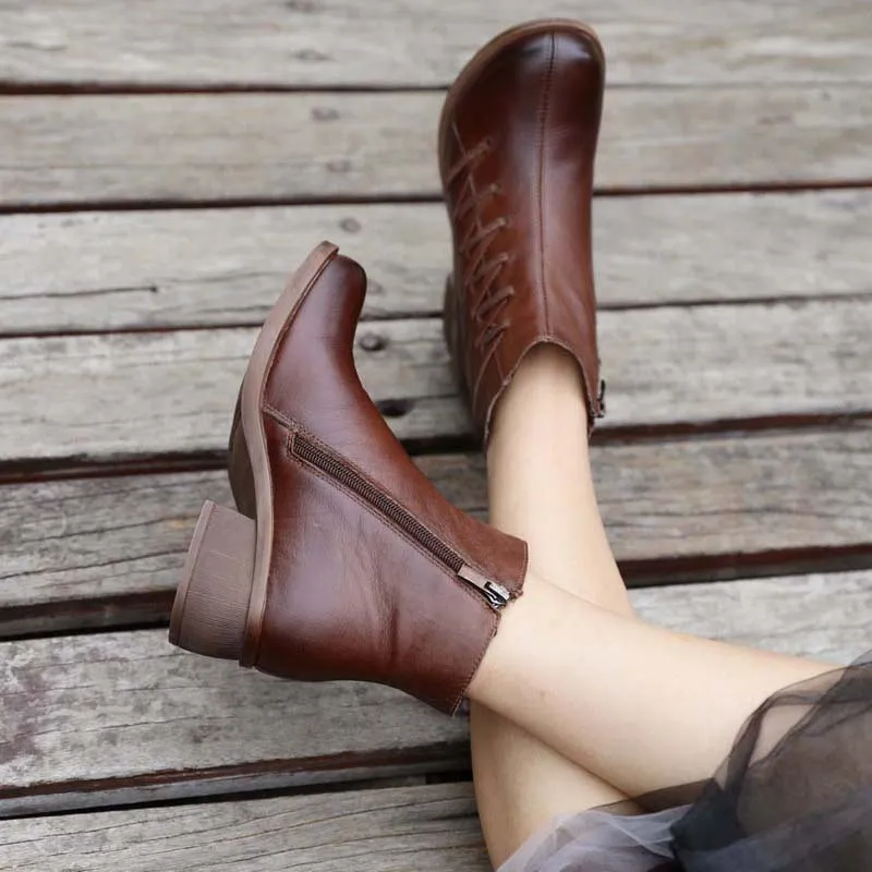 Retro Leather Handmade Womens Ankle Boots