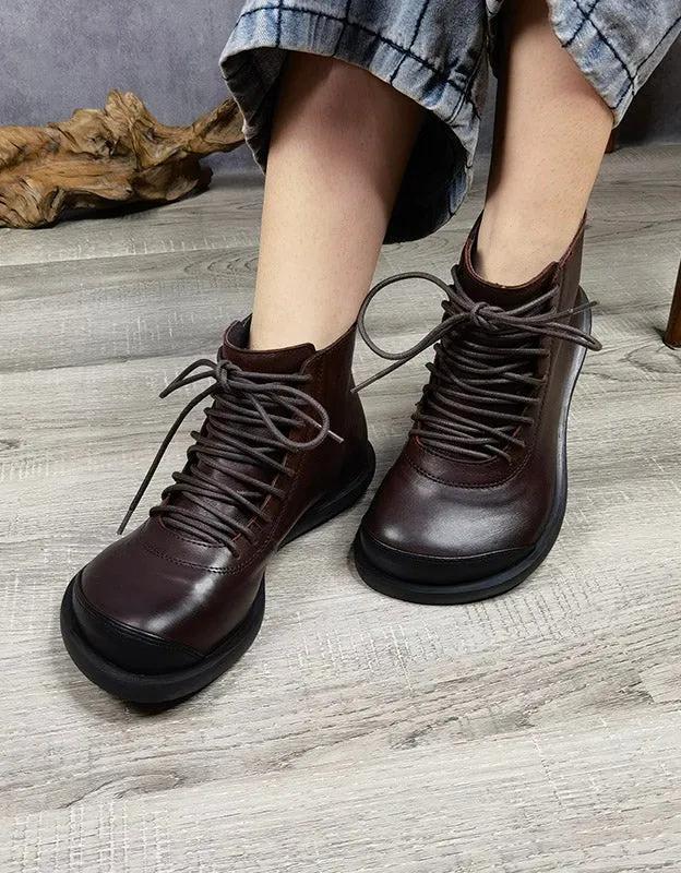 Retro Leather Lace-up Wide Toe Box Ankle Boots