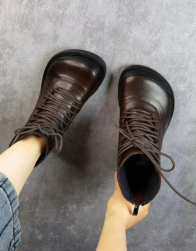 Retro Leather Lace-up Wide Toe Box Ankle Boots