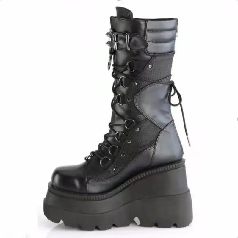 Sohiwoo Autumn Winter Sale Punk Halloween Witch Cosplay Platform High Wedges Heels Black Gothic Calf Boots Women Shoes Big Size