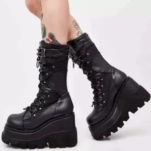 Sohiwoo Autumn Winter Sale Punk Halloween Witch Cosplay Platform High Wedges Heels Black Gothic Calf Boots Women Shoes Big Size