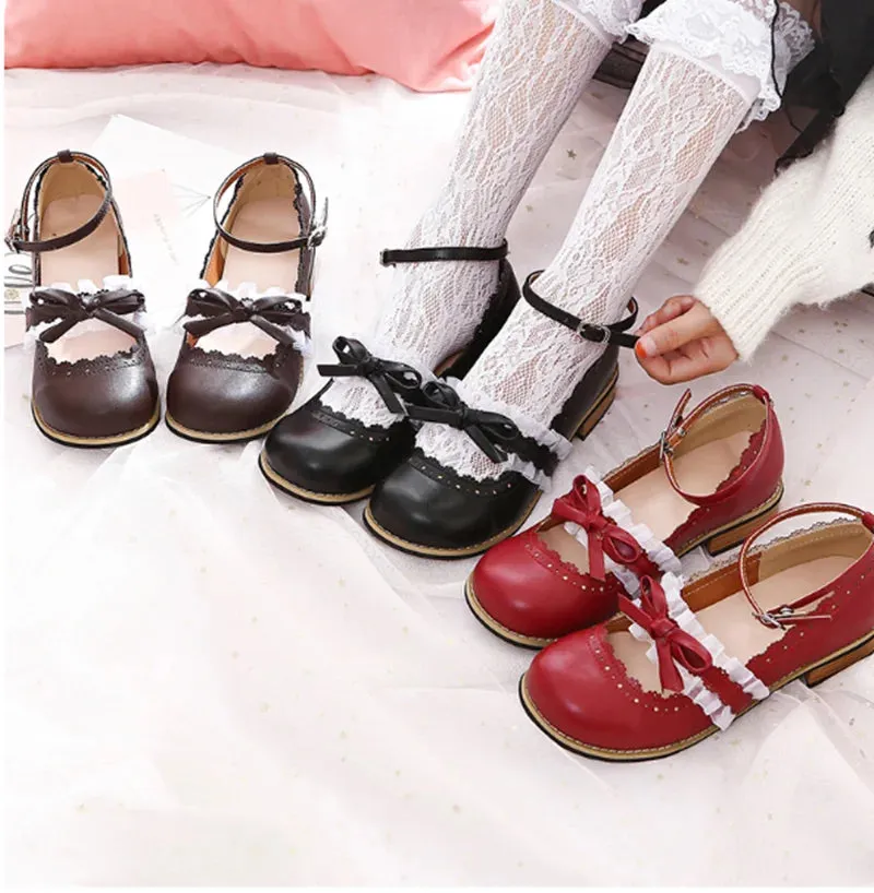 Sohiwoo kawaii shoes vintage lace bowknot round head low heel women shoes loli cosplay cos sweet lolita shoes tea party kawaii princess