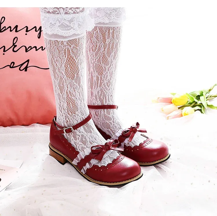 Sohiwoo kawaii shoes vintage lace bowknot round head low heel women shoes loli cosplay cos sweet lolita shoes tea party kawaii princess