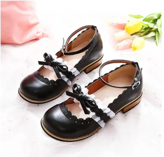 Sohiwoo kawaii shoes vintage lace bowknot round head low heel women shoes loli cosplay cos sweet lolita shoes tea party kawaii princess