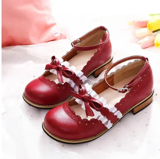 Sohiwoo kawaii shoes vintage lace bowknot round head low heel women shoes loli cosplay cos sweet lolita shoes tea party kawaii princess