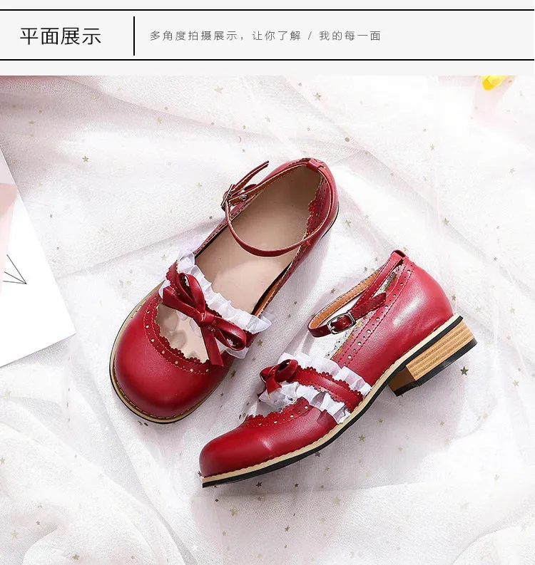 Sohiwoo kawaii shoes vintage lace bowknot round head low heel women shoes loli cosplay cos sweet lolita shoes tea party kawaii princess