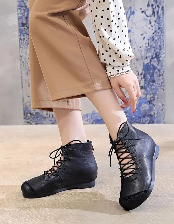 Spring Handmade Lace Up Retro Leather Boots