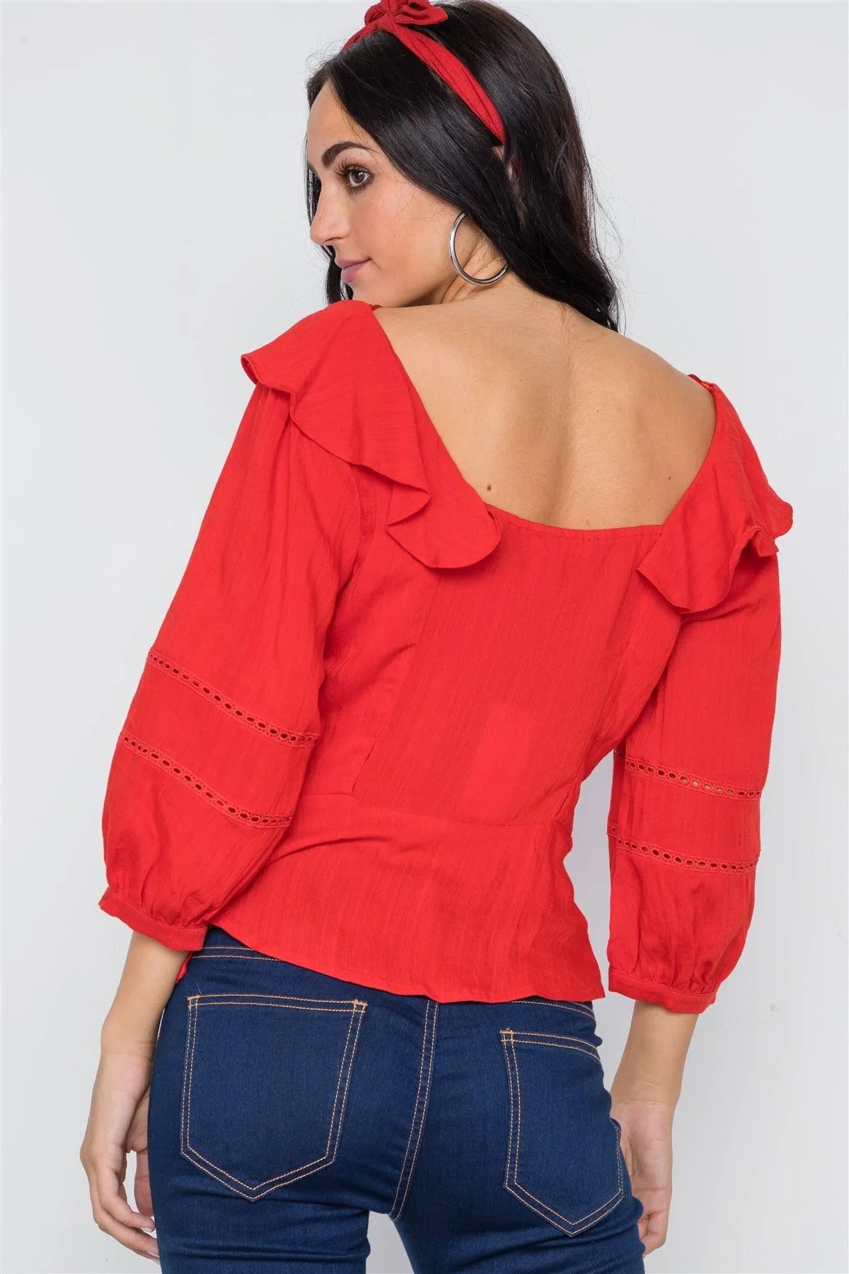 Tomato Red Crochet Trim Button Down Boho Top