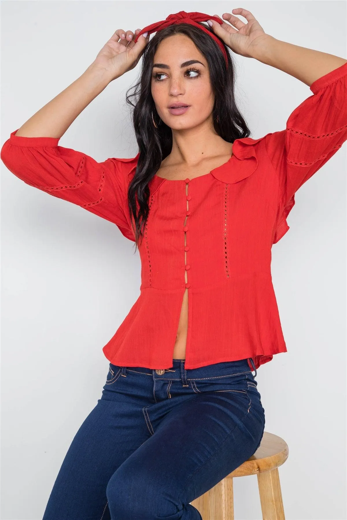 Tomato Red Crochet Trim Button Down Boho Top